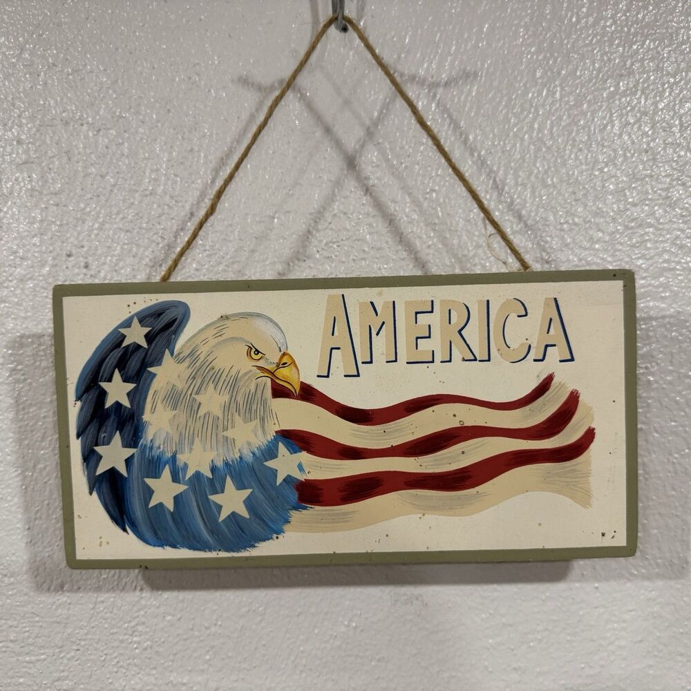 Patriotic Bald Eagle USA Flag Wood Hanging Sign America Wall Decor 4th of July